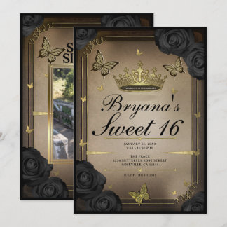 Gold Tiara Butterflies Schwarze Rose Sweet 16 Foto Einladung