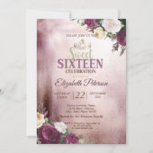 Gold Tiara, Confetti Burgund Sweet 16 Party Einladung (Vorderseite)