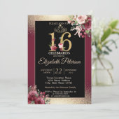Gold Tiara Confetti Burgundy Sweet 16 Party Einladung (Stehend Vorderseite)