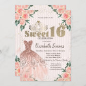 Gold Tiara, Confetti, Kleid, gestreiftes Blumensüß Einladung (Vorne/Hinten)