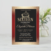 Gold Tiara Confetti, Red Sweet 16 Party Einladung (Stehend Vorderseite)