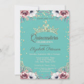 Gold Tiara, Diamanten Blume Minze Grün Quinceañera Einladung (Vorderseite)
