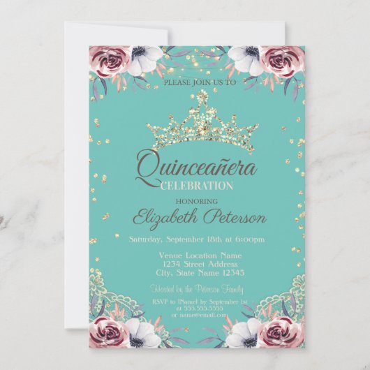 Gold Tiara, Diamanten Blume Minze Grün Quinceañera Einladung (Vorderseite)