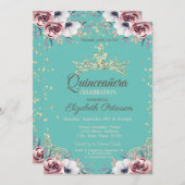 Gold Tiara, Diamanten Blume Minze Grün Quinceañera Einladung (Vorne/Hinten)