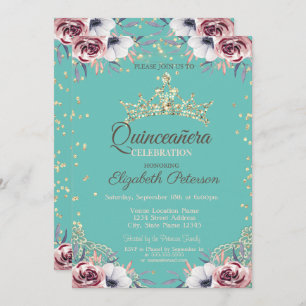 Gold Tiara, Diamanten Blume Minze Grün Quinceañera Einladung
