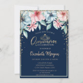 Gold Tiara, Diamanten, Blumenquinceñera Einladung (Vorderseite)