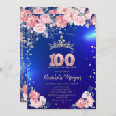 Gold Tiara Diamonds Blume Blue 100. Geburtstag Einladung (Vorne/Hinten)