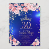 Gold Tiara Diamonds Blume Blue 30. Geburtstag Einladung (Vorne/Hinten)