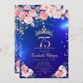 Gold Tiara Diamonds Blume Blue 75. Geburtstag Einladung (Vorne/Hinten)