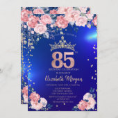 Gold Tiara Diamonds Blume Blue 85. Geburtstag Einladung (Vorne/Hinten)