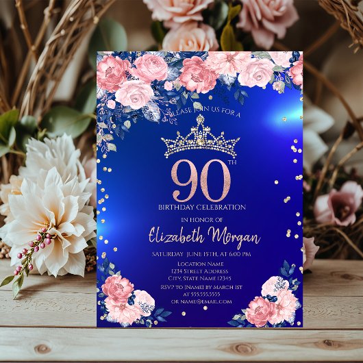 Gold Tiara Diamonds Blume Blue 90. Geburtstag Einladung