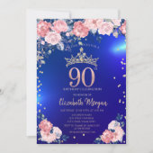 Gold Tiara Diamonds Blume Blue 90. Geburtstag Einladung (Vorderseite)