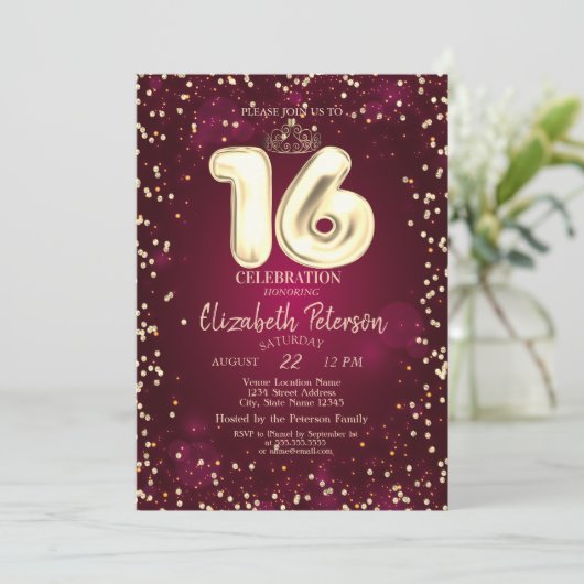 Gold Tiara, Diamonds Burgundy Sweet 16 Party Einladung (Stehend Vorderseite)