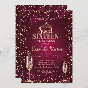 Gold Tiara, Diamonds Champagne Glass Sweet 16 Einladung