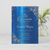 Gold Tiara, Diamonds Metallic Blue Quinceañera Einladung (Stehend Vorderseite)