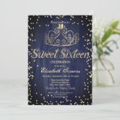 Gold Tiara Diamonds Princess Navy Blue Sweet 16 Einladung (Stehend Vorderseite)