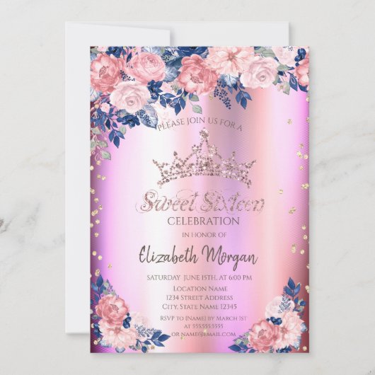 Gold Tiara Diamonds Rose Blue Pink Sweet 16 Einladung (Vorderseite)