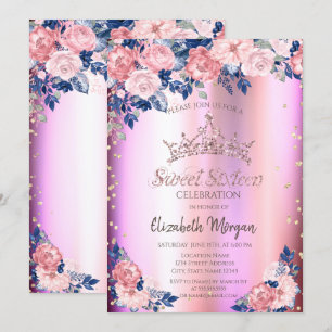 Gold Tiara Diamonds Rose Blue Pink Sweet 16 Einladung
