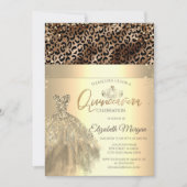 Gold Tiara, Dress Leopard Print Quinceañera Einladung (Vorderseite)