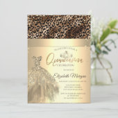 Gold Tiara, Dress Leopard Print Quinceañera Einladung (Stehend Vorderseite)