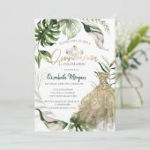 Gold Tiara Dress Tropical Blätter Quinceañera Einladung (Stehend Vorderseite)