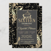 Gold Tiara Glitzer Heelse Diamonds Sweet 16 Party Einladung (Vorne/Hinten)