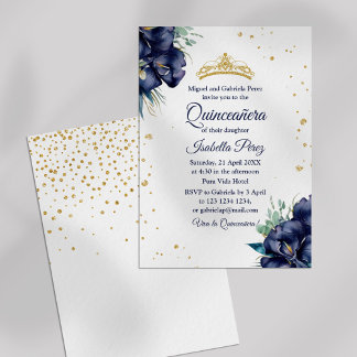 Gold Tiara Glitzer und Blumenquinceanera Einladung