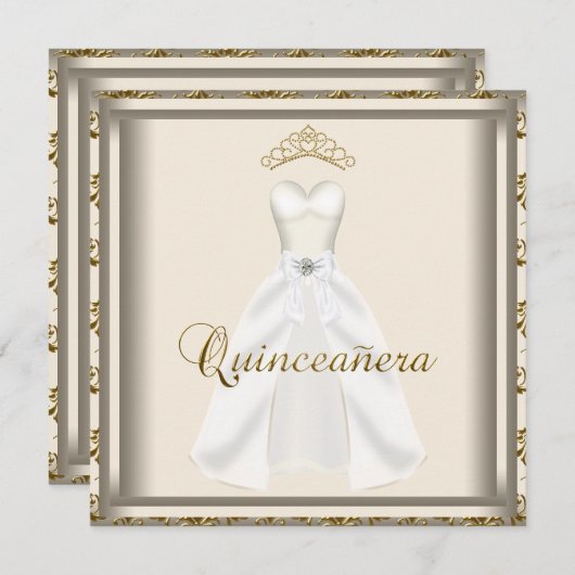 Gold Tiara Party Dress Gold Quinceanera Einladung (Vorne/Hinten)