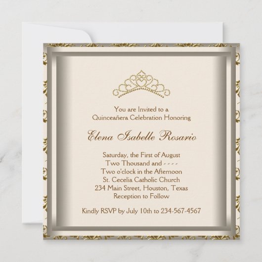 Gold Tiara Party Dress Gold Quinceanera Einladung (Rückseite)