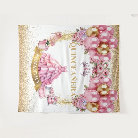 Gold Tiara Quinceañera Hintergrund Rosa Feier Wandteppich (Vorderseite (Horizontal))