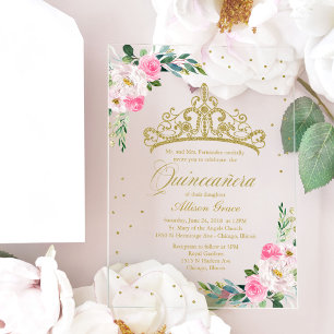 Gold Tiara Rosa Blumen Quinceañera Acryleinladungen