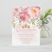 Gold Tiara Rosa Rosa Elegantes Flora Quinceñera Einladung (Stehend Vorderseite)