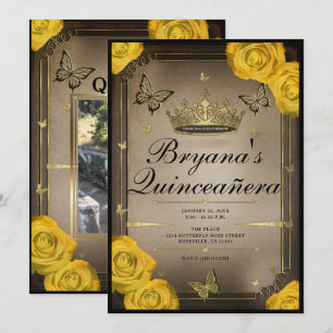 Gold Tiara Schmetterlinge Gelbe Rosen Quinceañera  Einladung