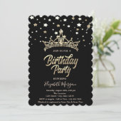 Gold Tiara Stars Black Birthday Party Einladung (Stehend Vorderseite)
