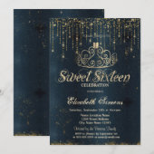 Gold Tiara String Lights Blue Princess Sweet 16 Einladung (Vorne/Hinten)