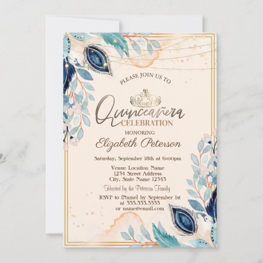 Gold Tiara, String Lights Blume Quinceañera Einladung (Vorderseite)