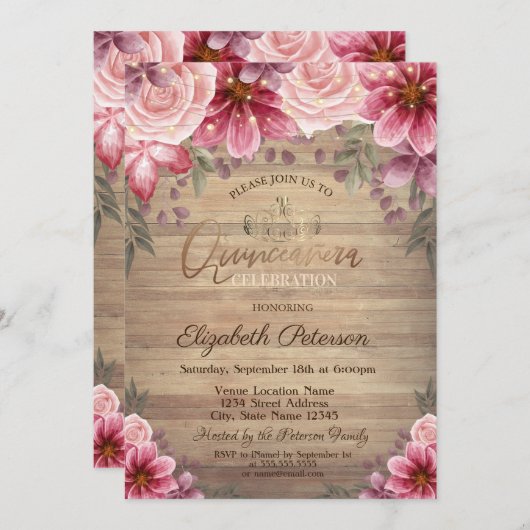 Gold Tiara, String Lights Blume Wood Quinceañera Einladung (Vorne/Hinten)