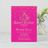Gold Tiara String Lights Princess Pink Sweet 16 Einladung (Stehend Vorderseite)