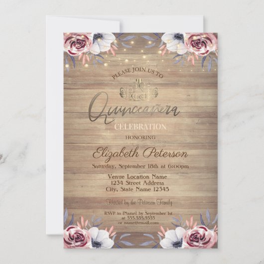 Gold Tiara, String Lights Rose Wood Quinceañera Einladung (Vorderseite)