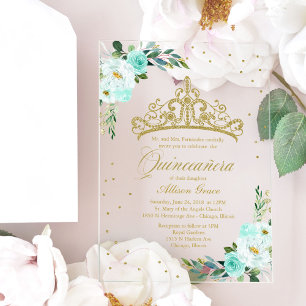 Gold Tiara Türkisfarbene Blumen Quinceañera Acryleinladungen