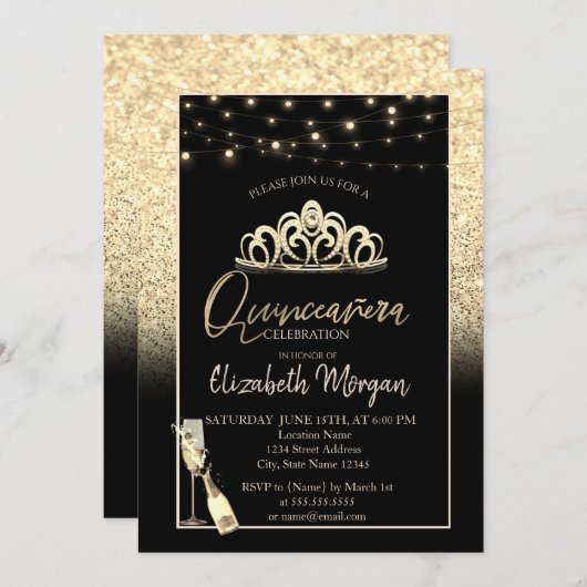 Gold Tiara, Weinglas Glitzer Quinceañera Einladung (Vorne/Hinten)
