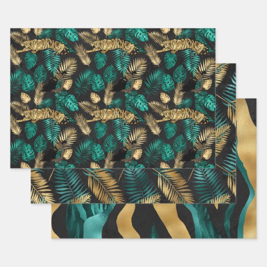 Gold Tiger Print with Tropical Leaves Pattern Geschenkpapier Set (Set)