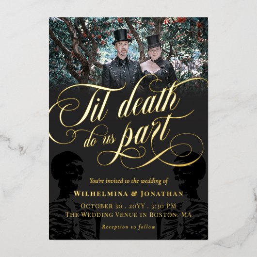 Gold Til Death Do us Part Foto Goth Wedding Folieneinladung (Vorderseite)