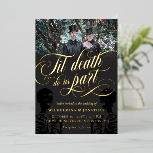 Gold Til Death Do us Part Foto Goth Wedding Folieneinladung (Stehend vorne)