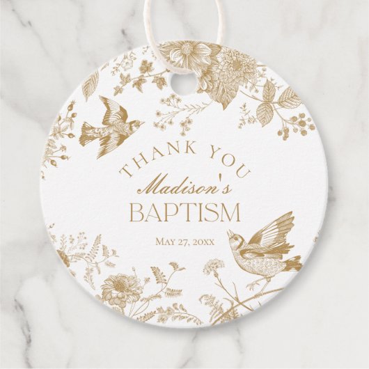 Gold Toile De Jouy Vintage Blumentaufe Geschenkanhänger (Vorderseite)