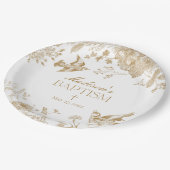 Gold Toile De Jouy Vintage Blumentaufe Pappteller (Schrägansicht)