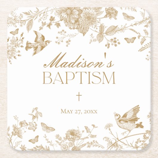 Gold Toile De Jouy Vintage Blumentaufe Rechteckiger Pappuntersetzer (Vorderseite)