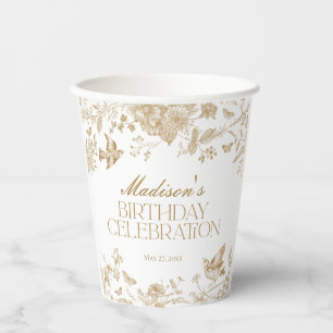 Gold Toile De Jouy Vintage Florales Geburtstagsfes Pappbecher