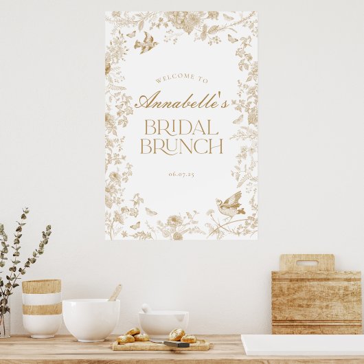 Gold Toile Jouy Floral Bridal Brunch Begrüßungszei Poster (Küche)