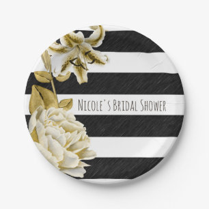 Gold-Ton-Floral-Schwarz-Weiß-Gestreift Pappteller
